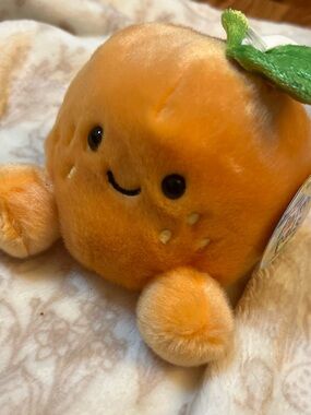 Smiling Orange Fruit Plush Toy with Green Leaf - Soft Cuddly Stuffed Animal